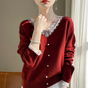 年末清红100%山羊绒v领蕾丝拼色针织衫女宽松长袖，打底衫时髦