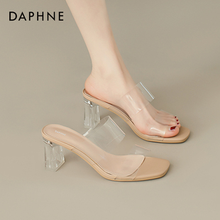 达芙妮一字带透明拖鞋，女外穿2024春夏水晶，粗跟凉鞋露趾高跟鞋