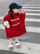 儿童冬季外套2023洋气加厚红色，显白圣诞新牛角(新牛角)扣连帽年服大衣