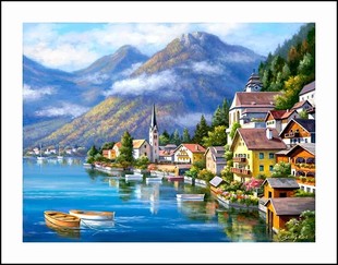 印花法国dmc纯棉线，十字绣套件风景，世界名油画湖边小镇