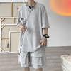 夏季套装冰丝短袖t恤男潮流一套搭配休闲运动情侣韩版灰色两件套