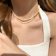 钛钢彩色米珠多层项链韩国自然风时尚气质设计感锁骨链项饰女