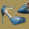 15cm蓝色真蛇皮细跟凉鞋包头防水台尖头高跟鞋，女夏季拉丁欧笠女鞋