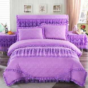 蕾丝夹棉床裙四件套韩版公主紫色加厚床罩被套刺绣花边婚庆4件套