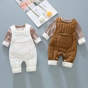 婴儿衣服加绒套装无骨夹棉保暖秋冬男女宝宝背带两件套新生儿棉衣