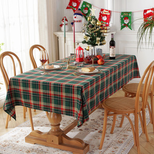 新年圣诞节装饰桌布美式复古红色绿色格子长方形家用台布拍照背景