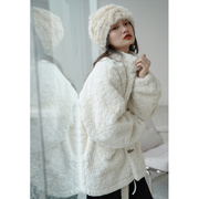 韩系白色羊羔毛外套女冬季2023加厚高级感宽松牛角扣毛绒棉衣