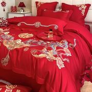 中式龙凤刺绣结婚四件套大红色床单，被套非纯棉，喜被新婚庆(新婚庆)床上用品