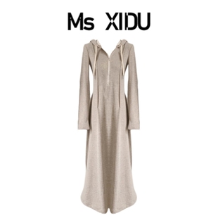 msxidu慵懒连帽卫衣，连衣裙收腰气质设计感小众，长袖休闲长裙秋冬