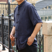 中国风真丝T恤男士短袖唐装盘扣开衫大码宽松休闲夏季纯色上衣
