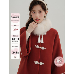 木易易新中式女装，秋冬毛呢外套女千金小个子，过年战袍红色呢子大衣