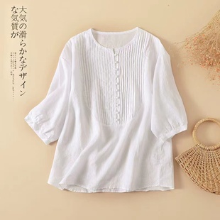 亚麻短袖女t恤宽松夏季白色上衣宽松褶皱五分袖半袖衬衫棉麻女装