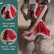 圣诞节服装COS女装纯欲镂空连衣裙新年战袍圣诞风性感挂脖毛绒拼