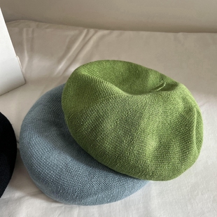 春夏贝雷帽时尚英伦风复古蓓蕾，帽女士米色绿色，浅蓝色亚麻透气薄款