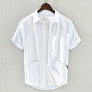 小清新白色口袋短袖衬衫男夏季上衣文艺帅气潮流时尚休闲纯棉衬衣