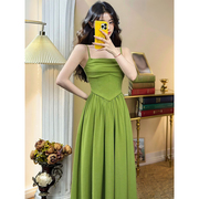 橄榄绿吊带连衣裙女夏复古法式气质裙子森系法式披肩吊带裙两件套