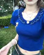 克莱因蓝爱心镂空绑带短款t恤女短袖设计感小众夏装辣妹修身上衣