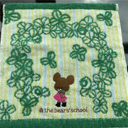 出口日本原单读书熊卡通可爱绿色纯棉柔软全棉毛圈吸水小方巾手帕