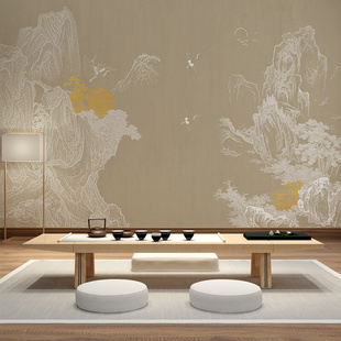 新中式素雅山水画墙纸意境楼阁客厅茶室壁纸沙发电视背景墙布壁画
