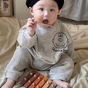 韩国童装婴儿华夫格纹休闲卫衣套装宝宝可爱卡通涂鸦运动服春秋装