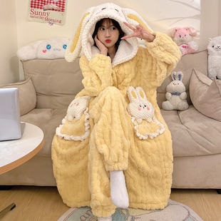 可爱兔子睡衣女冬季珊瑚绒加厚加绒长款睡袍冬天法兰绒家居服套装