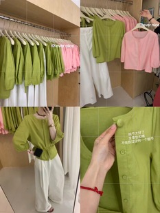 2024年夏季苎麻宽松上衣泡泡袖七分袖韩系显白绿色(白绿色)宽松衬衣女