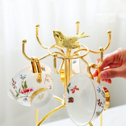 高档创意欧式镀金小鸟架咖啡杯碟收纳架家用挂架倒挂沥水鸟笼杯架