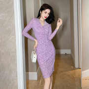 秋冬季紫色豹纹丝绒，连衣裙高端奢华宴会礼服，收腰短款包臀裙子