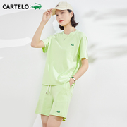 卡帝乐鳄鱼女装绿色，运动套装女2022短袖夏薄款宽松跑步两件套