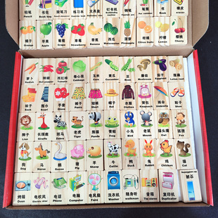 早教100片英文汉字学习多米诺骨牌儿童宝宝积木木制益智玩具3-7岁