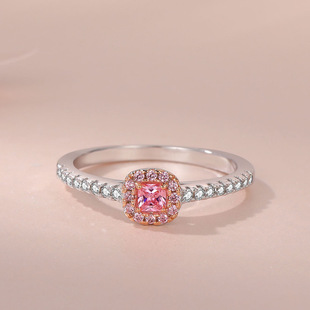 18k白金玫瑰金粉色(金粉色)高碳钻石戒指群钻微镶方形，仿真钻戒女节日礼物