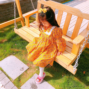 韩国东大门女宝宝儿童，网红款黄色碎花蕾丝，泡泡袖洋气公主连衣裙子