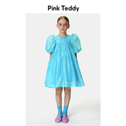 PinkTeddy童装女童泡泡袖连衣裙23夏装儿童蓝色蓬蓬裙A字裙