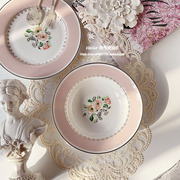 出口甜美复古巴洛克风 粉色PINK玫瑰花 骨瓷陶瓷盘汤盘菜盘沙拉碗