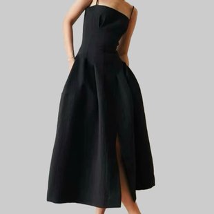 ROGUNG 小众设计法国优雅廓形A字吊带长裙小黑裙高腰英伦连衣裙