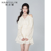 韩语琳挂脖式连衣裙女夏季蝙蝠长袖短裙今年流行漂亮套装裙子