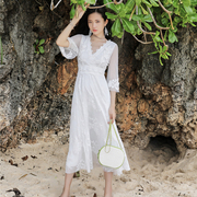 超仙网纱沙滩裙巴厘岛泰国普吉岛海边度假长裙白色蕾丝刺绣连衣裙