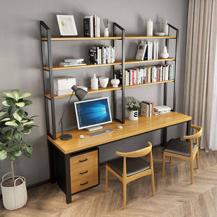 鼎聚全电脑桌书柜书架，组合一体实木台式双人，电脑桌铁艺办公桌书房