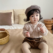 韩版秋装女童棉纱娃娃领针织，开衫上衣婴，幼童纯色百搭长袖毛衣外套