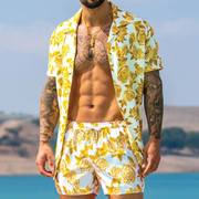 2024亚马逊男士夏威夷海滩套装印花短裤衬衫短款印花男装套装