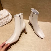 白色短靴女靴子瘦瘦靴，高跟鞋米色方头，粗跟裸靴女秋冬单靴法式踝靴