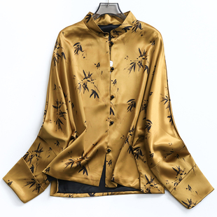 水墨印花宽松蝙蝠型立领新中式，国风春季长袖，外套女装衬衫n653