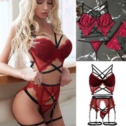2023 sexy women's lace lingerie pajamQas 薄款大码红色蕾丝内