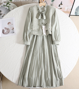 影系!绿色香风套装裙，2024春小洋装，名媛法式马甲连衣裙两件套
