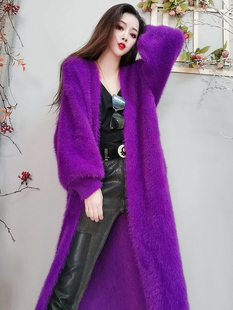 毛衣女2023冬季紫色水貂绒开衫宽松加厚中长款慵懒风披肩外套