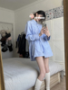 PPSHD春夏慵懒风两件套法式蓝色设计感长袖蕾丝拼接衬衫+阔腿短裤