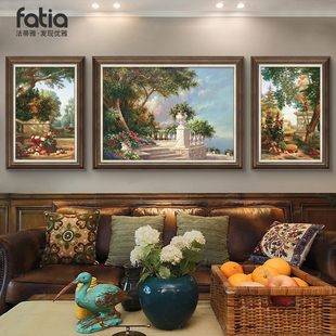 美式客厅装饰画沙发背景墙三联画欧式挂画花园风景画油画墙面壁画