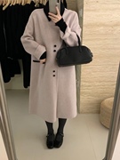 韩系2023冬高级感双面羊绒大衣女时尚撞色小翻领单排扣中长款外套