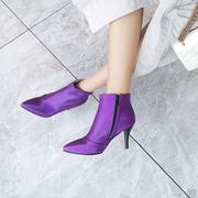 鞋子紫色米白色婚鞋高跟尖头女鞋大码靴子小码女短靴 30-48 pcsa
