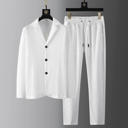 高端西装套装男士春夏季薄款白色痞帅长袖男装时尚休闲两件套帅气